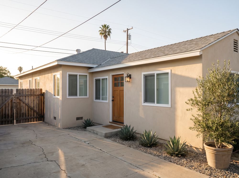 A single-story stucco house with a newer wing at its back corner that has its own wood front door off the driveway