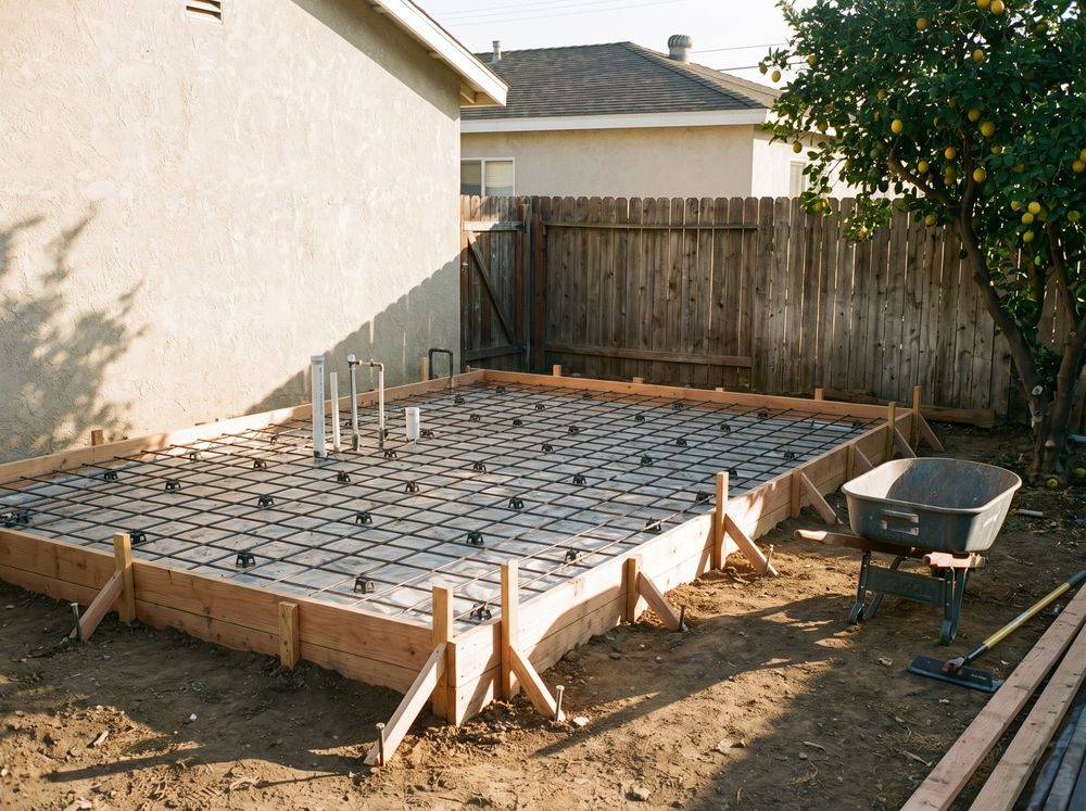 Wooden forms and a rebar grid laid out for a slab in a backyard, with plumbing pipes rising through it and a lemon tree by the fence