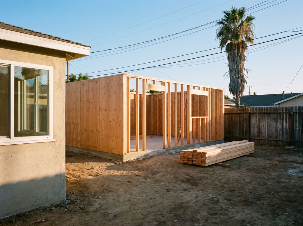 New wall framing for a one-story backyard unit on a fresh slab, across an open dirt yard from the corner of a stucco house