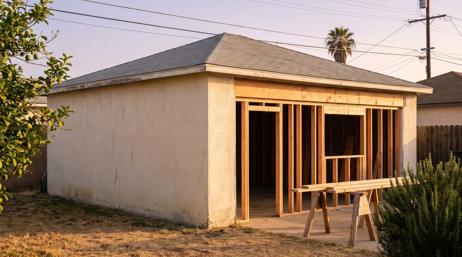 An old detached stucco garage seen from the corner of the yard in late sun, its wide door opening filled with new wood framing for a front door and a window, with boards resting on two sawhorses