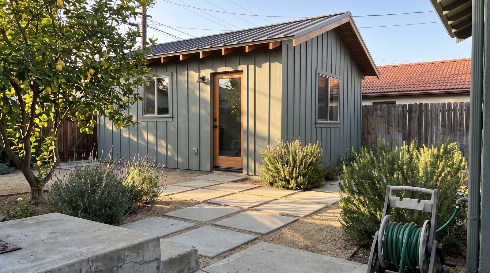 A small back house in gray-green board-and-batten siding with a dark metal roof and a glass wood door, seen in late sun from the back step of the main house, past a lemon tree, lavender, a paver path and a hose reel