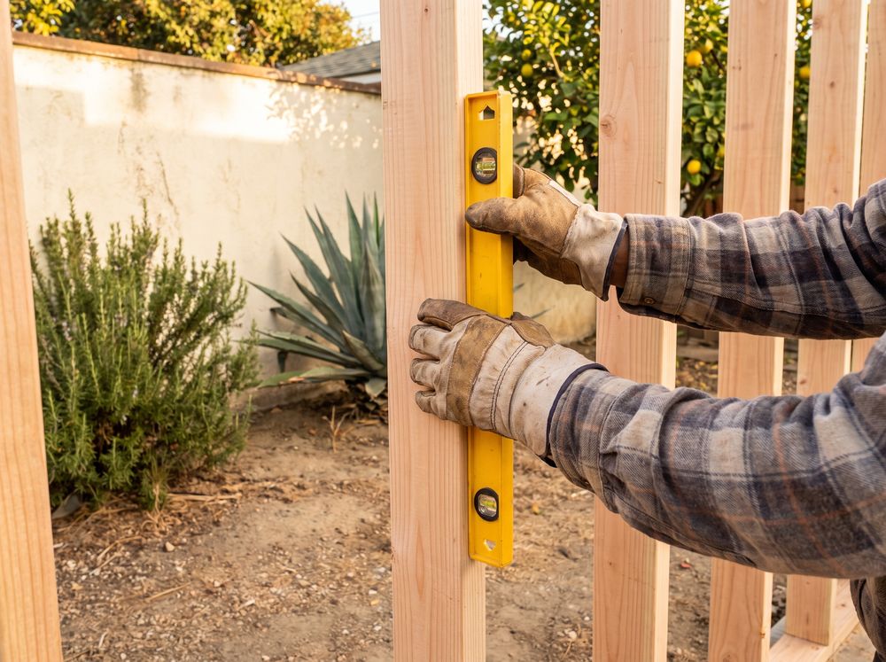 Gloved hands holding a level against a new stud, with a stucco garden wall, an agave and a lemon tree behind