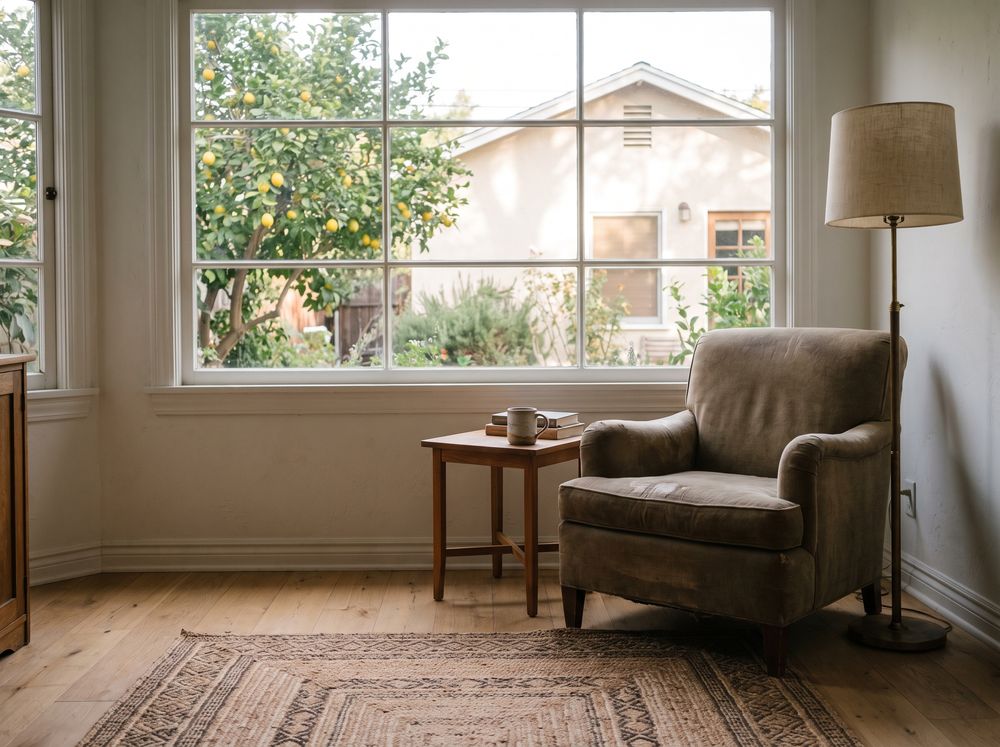 An armchair and a floor lamp beside a window that looks out on a lemon tree