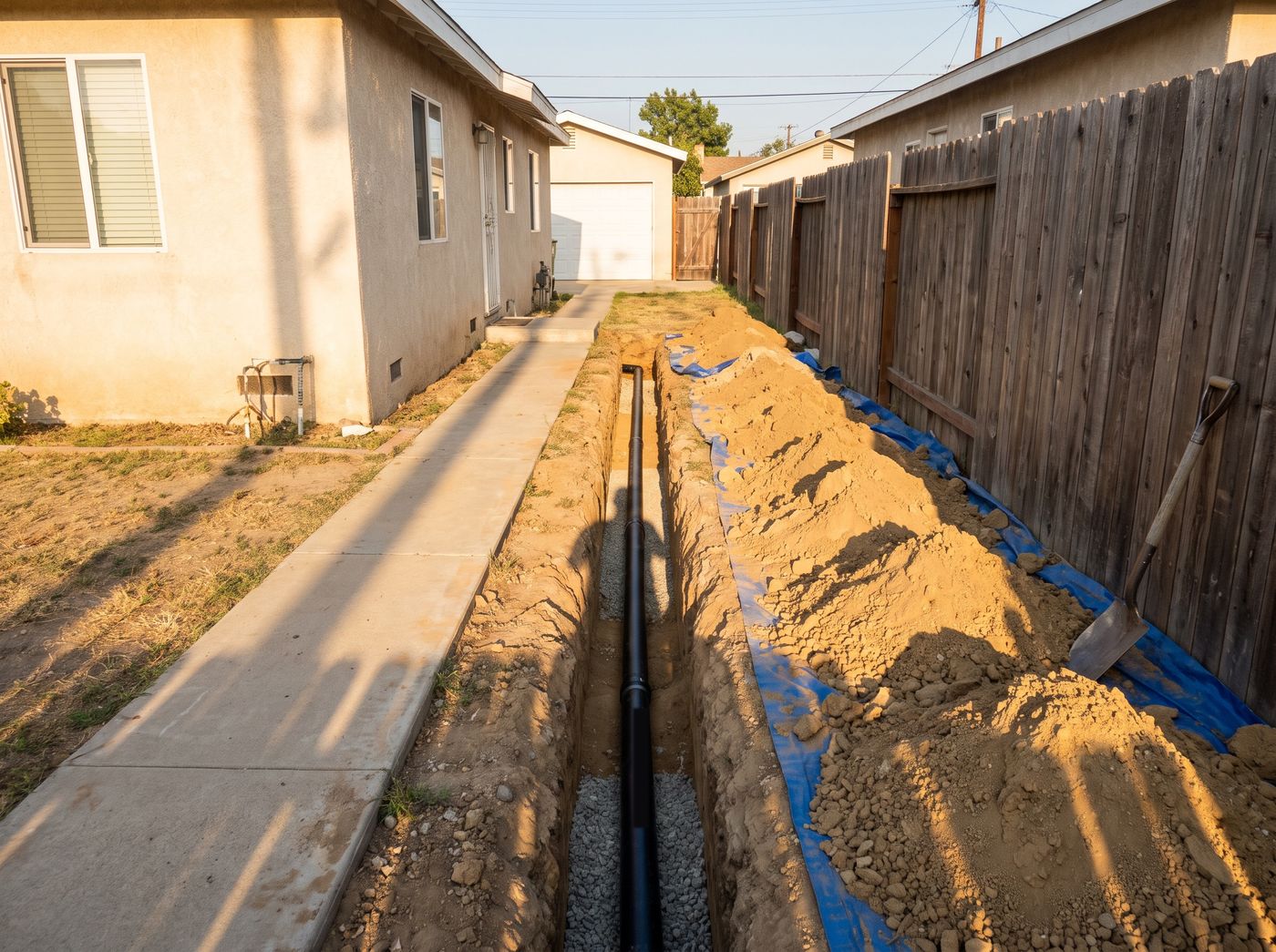 A trench along a side yard with a new black sewer pipe on gravel, the dug soil piled on a tarp beside a fence