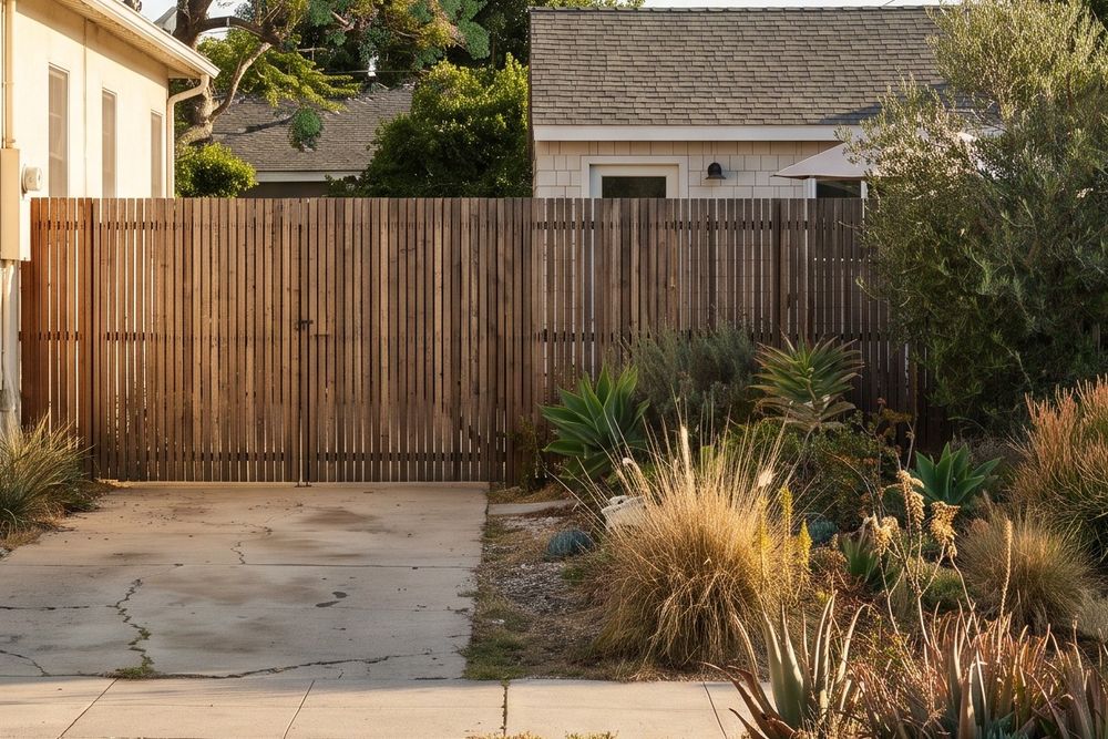 A wooden side gate and fence at the end of a driveway, with the shingle roof and front door of a small back house showing behind the fence