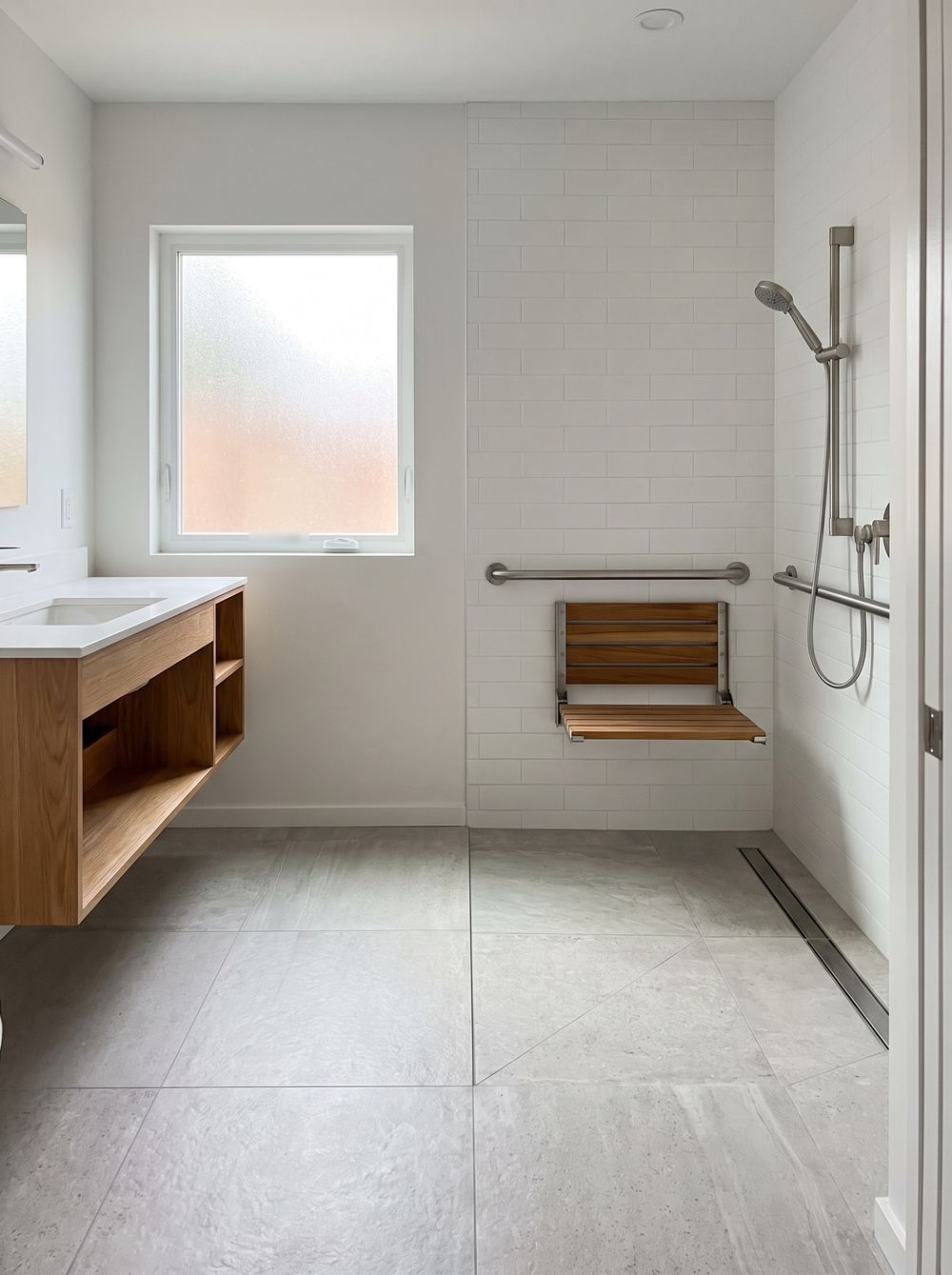 A bathroom with a curbless shower, a grab bar and a fold-down shower seat