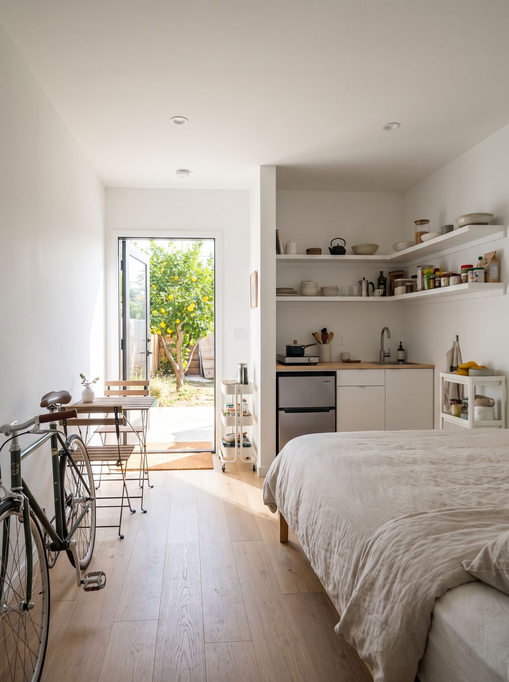 A studio with a bed, a small kitchen and a glass door open to a backyard lemon tree