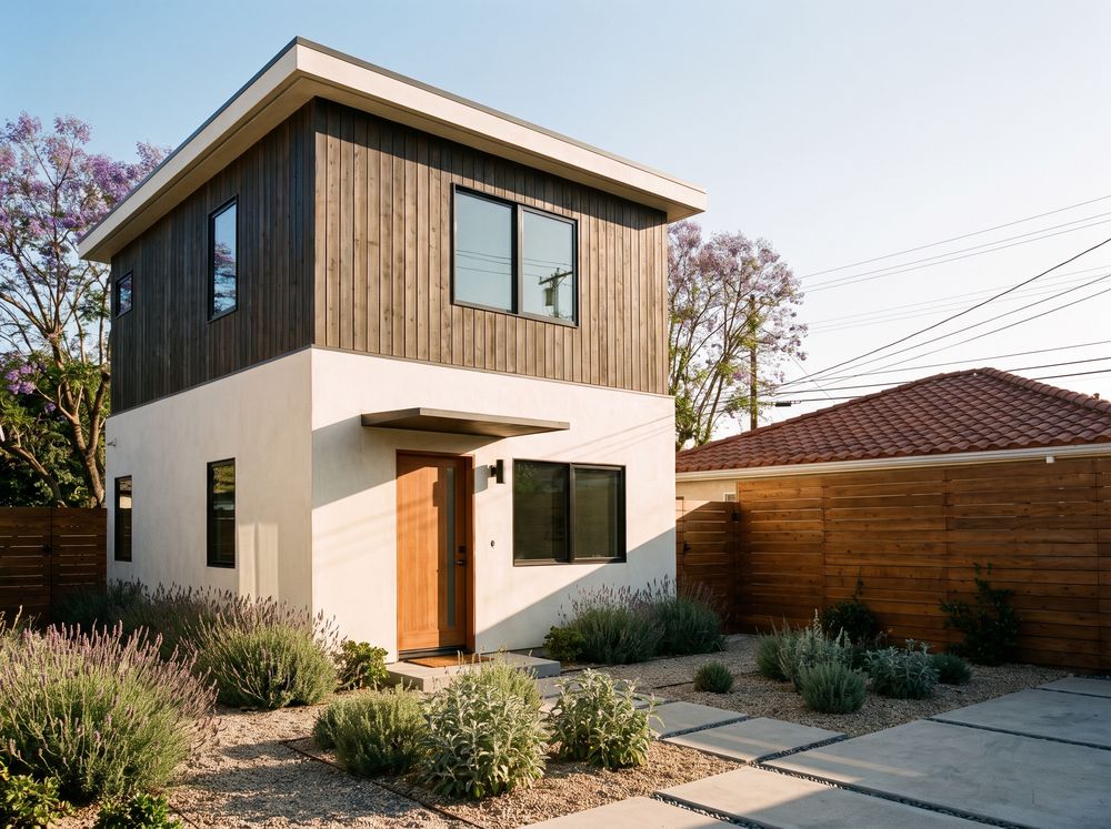 A two-story backyard home with white stucco below, dark wood siding above and lavender planted in gravel